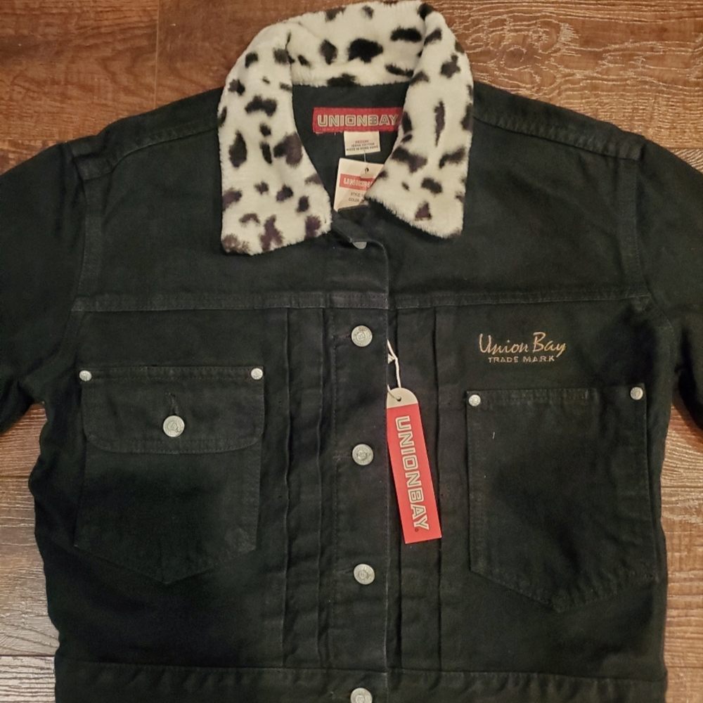 Brand New Girls Medium Union Bay black denim jacket w/ faux animal print collar